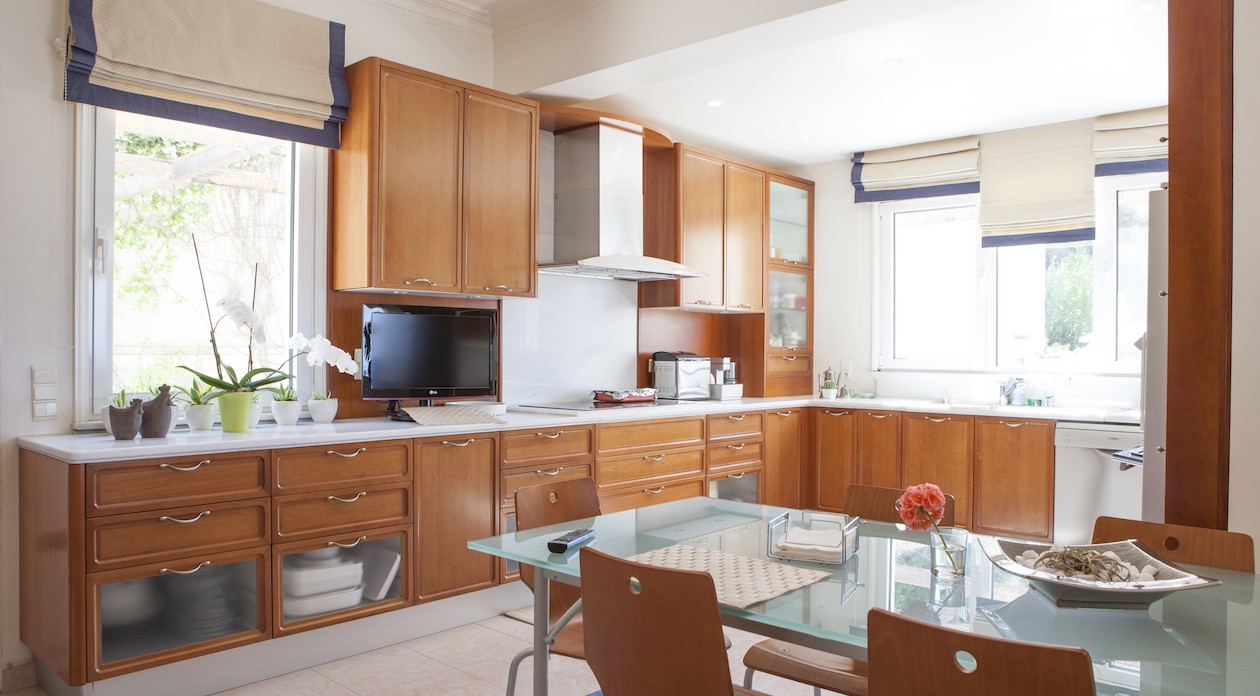 Light floods into the fully fitted kitchen property for sale in Rhodes Greece