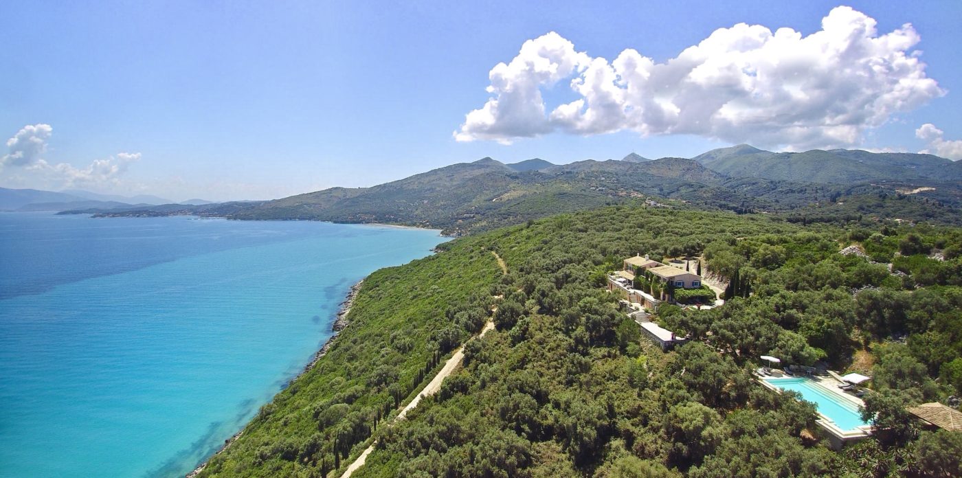 Linamia Estate aerial overlooking Corfu channel with distant views of the Albanian mountains