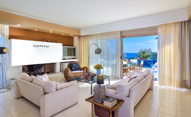 Living room with sea views property for sale in Crete Greece
