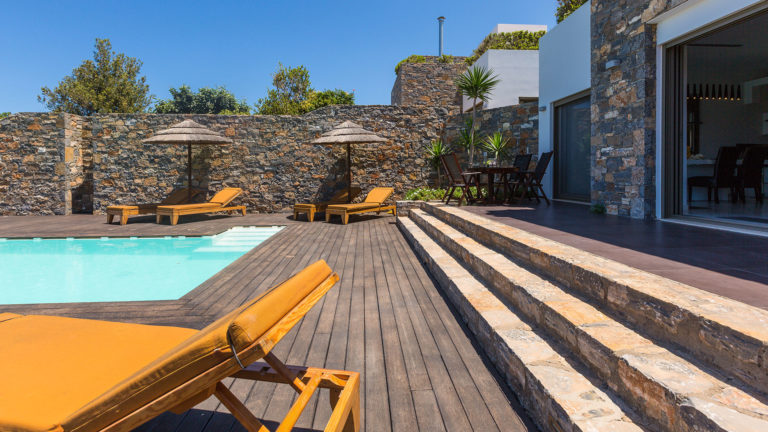 Decking area around the pool villa for sale in Crete Greece