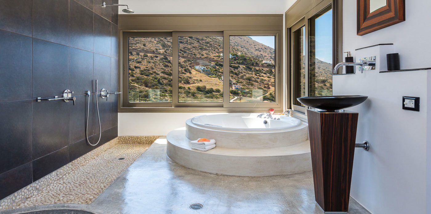 Ensuite bathroom with stunning sea views villa for sale in Crete Greece