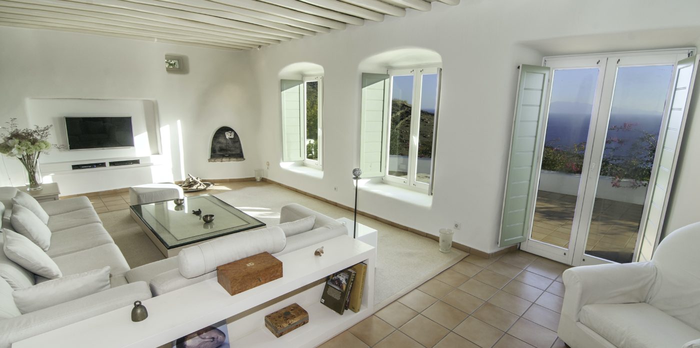 Blue sea views flood the interiors, property for sale in Mykonos, Greece