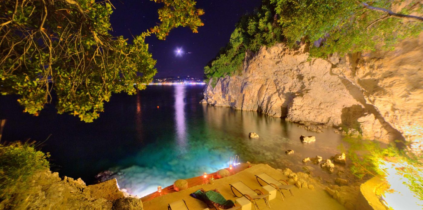 Private Beach at night, Villa for sale in Corfu Greece